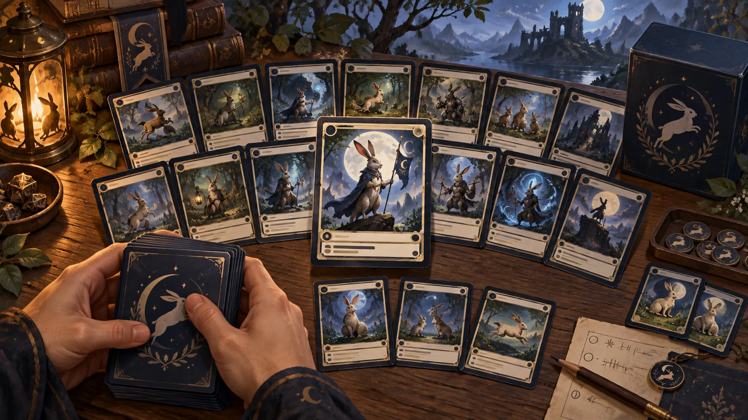 Painterly moonlit fantasy tabletop scene with a person holding a thick deck of rabbit-themed cards, surrounded by a fan of illustrated rabbit cards, matching tokens, a rabbit-emblem deck box, dice, a lantern, and a handwritten tally sheet.
