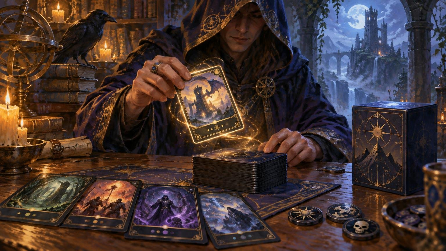 Hooded fantasy mage holds a glowing illustrated card above a tabletop with a large stack of dark-backed cards, several face-up fantasy cards, round tokens, candles, books, and a matching deck box; ruined towers and a moonlit waterfall appear behind.