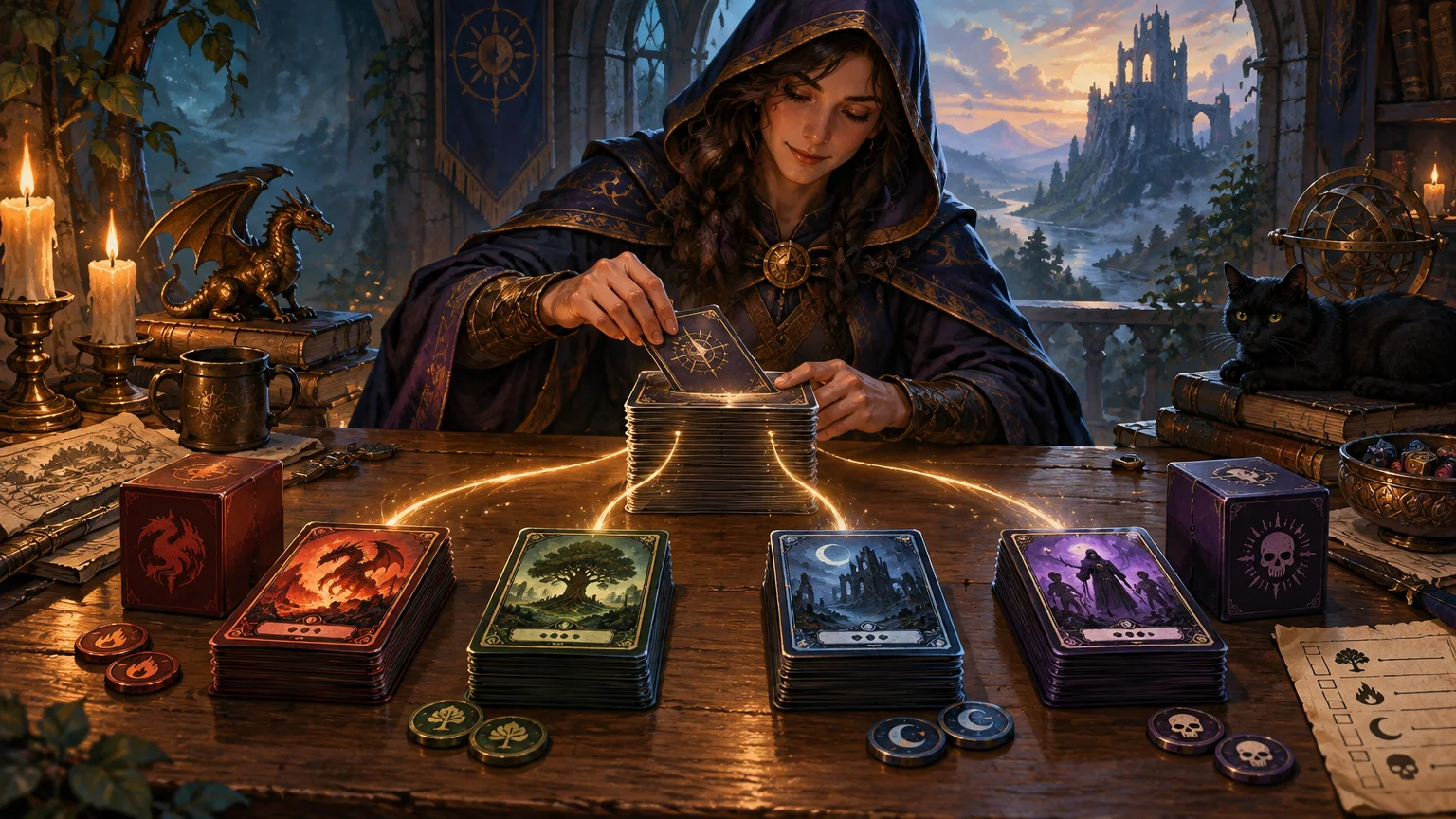 Painterly fantasy scene of a hooded woman placing a card on a glowing central deck, with four large stacks of illustrated cards, themed deck boxes, tokens, candles, books, a small dragon figurine, and a black cat on a wooden table overlooking a ruined mountain castle.