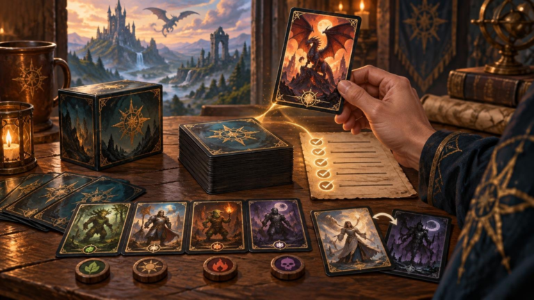Painterly fantasy tabletop scene with a hand holding a dragon card above a large stack of matching cards, a deck box, illustrated cards, colored tokens, and a glowing checklist sheet.
