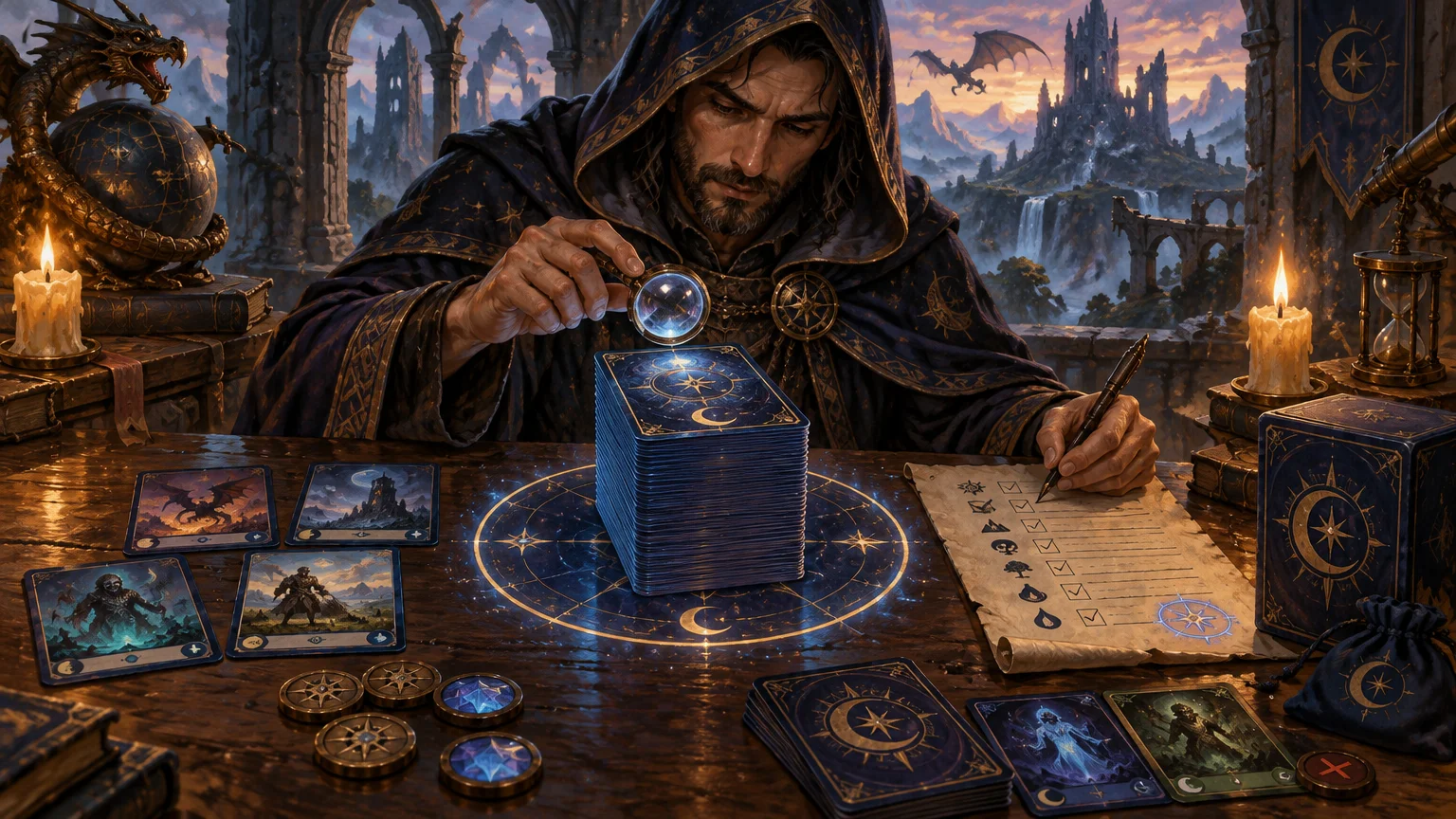 Painterly fantasy scene of a hooded man inspecting a tall stack of blue-backed game cards with a magnifying glass while checking a parchment list, surrounded by loose cards, tokens, candles, a deck box, and a ruined castle vista.