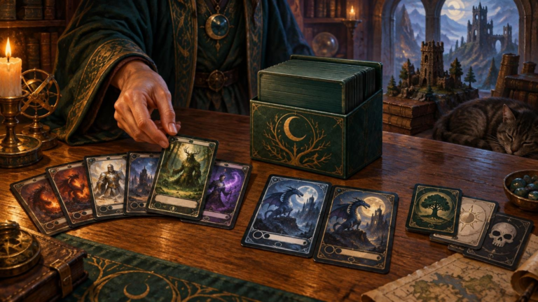 Painterly fantasy tabletop scene of a robed player arranging illustrated game cards beside a large green deck box, with candles, books, tokens, a sleeping cat, and moonlit castle scenery behind.