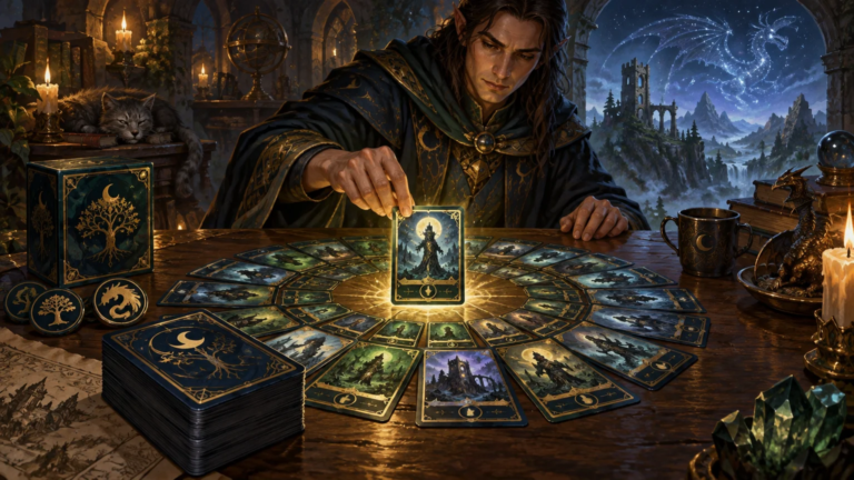 Painterly fantasy scene of an elf-like player arranging a large circular spread of dark blue and gold illustrated cards around a glowing central card on a wooden table, with a matching deck box, stacked deck, tokens, candles, dragon figurine, sleeping cat, and moonlit ruined mountains beyond an arched study window.