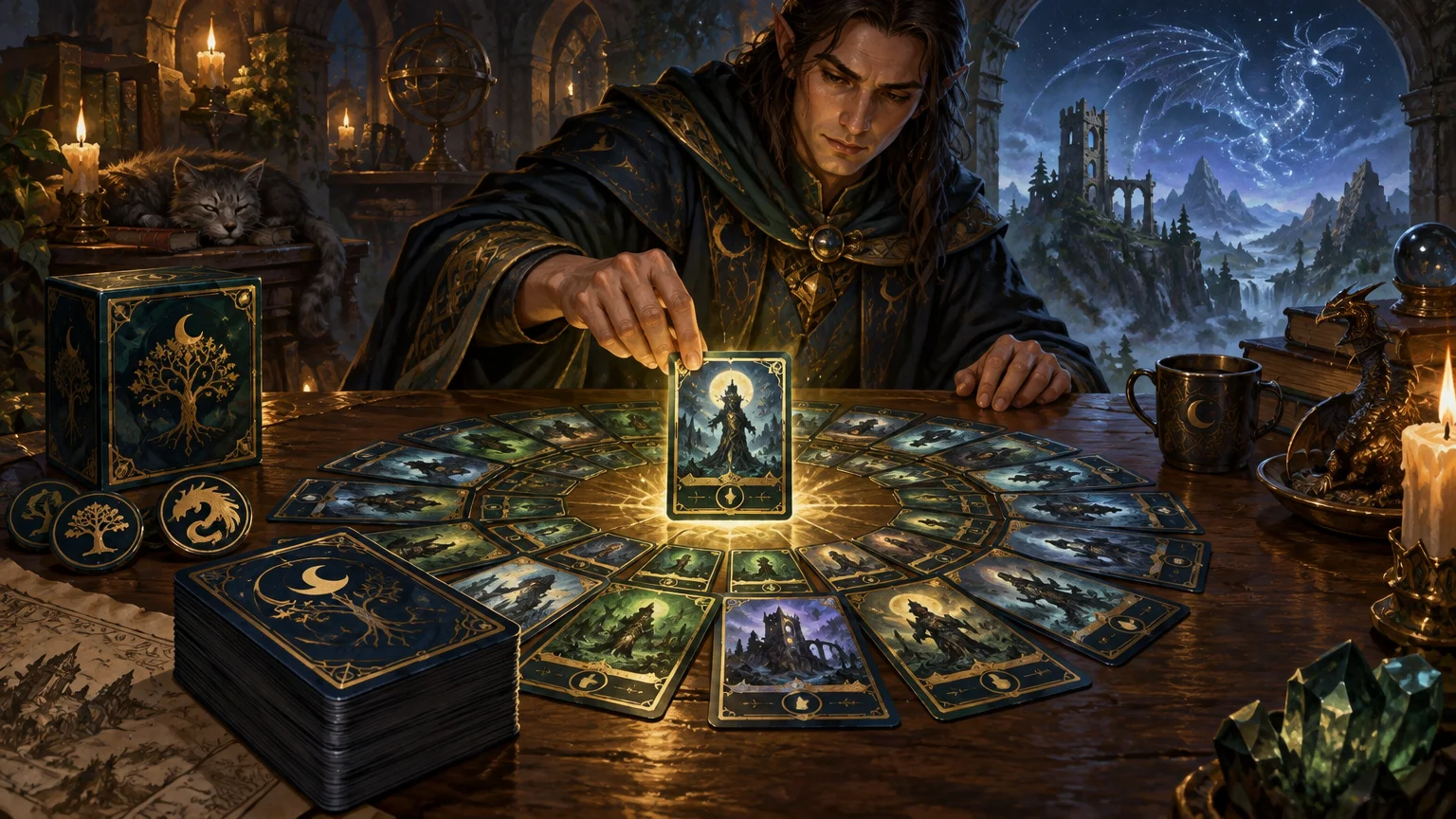 Painterly fantasy scene of an elf-like player arranging a large circular spread of dark blue and gold illustrated cards around a glowing central card on a wooden table, with a matching deck box, stacked deck, tokens, candles, dragon figurine, sleeping cat, and moonlit ruined mountains beyond an arched study window.