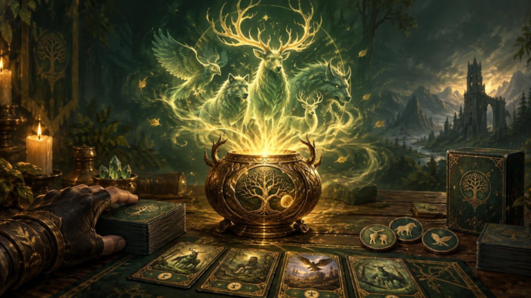 Painterly fantasy tabletop scene with a gloved hand beside stacks of dark green game cards, illustrated cards spread across a wooden table, animal-themed tokens, and a decorated deck box. A glowing bronze vessel releases spectral forest animals beneath a stag-antlered figure, with candles, crystals, a ruined tower, and mountains in the background.
