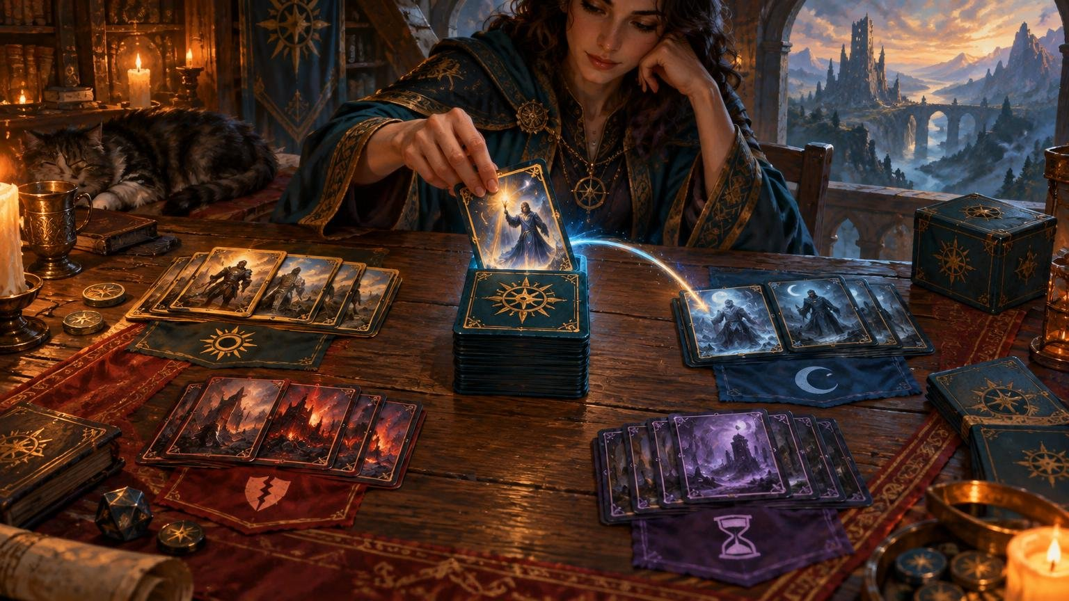 Painterly fantasy scene of a robed player sorting illustrated cards into several color-themed piles around a central deck on a wooden table, with candles, a cat, tokens, a deck box, and a distant castle visible through an archway.