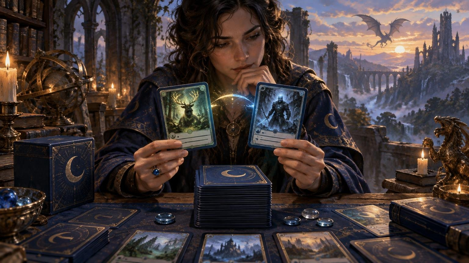 Fantasy card player at a candlelit table compares two illustrated cards above a large stack of moon-backed cards, with a dragon and ruined castle landscape behind them.