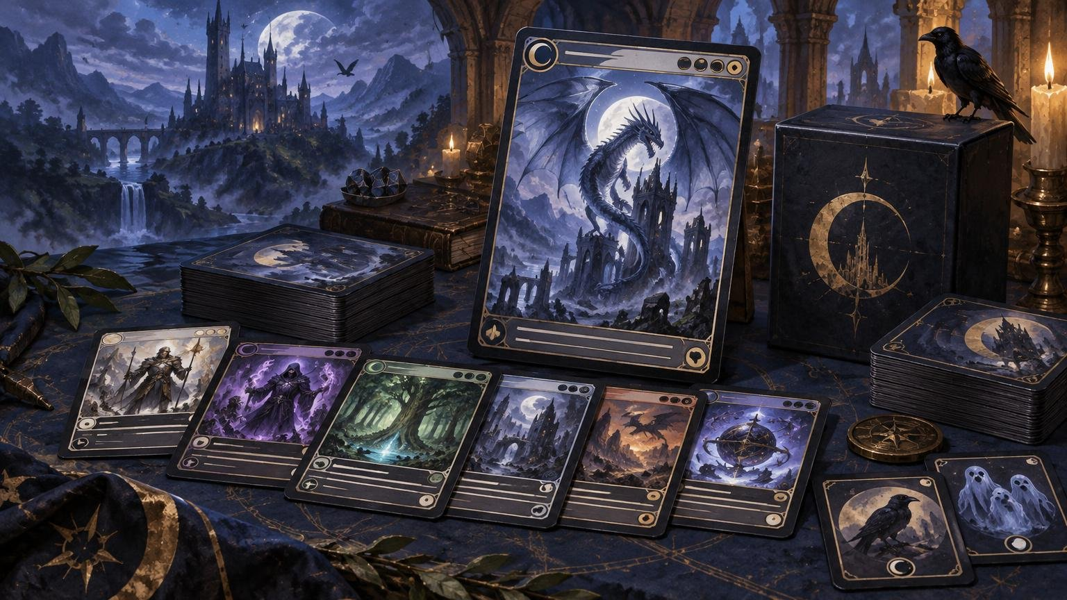 Painterly moonlit fantasy tabletop scene with a large dragon card standing behind matching stacks and a spread of dark blue fantasy cards, beside a crescent-and-castle deck box, candles, a raven, and distant ruined towers.