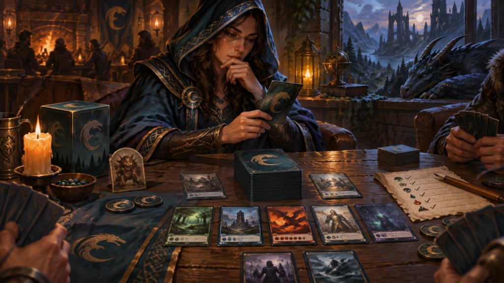 Painterly fantasy scene of hooded players testing a deck of illustrated cards at a candlelit table, with a dragon beside a ruined mountain castle.