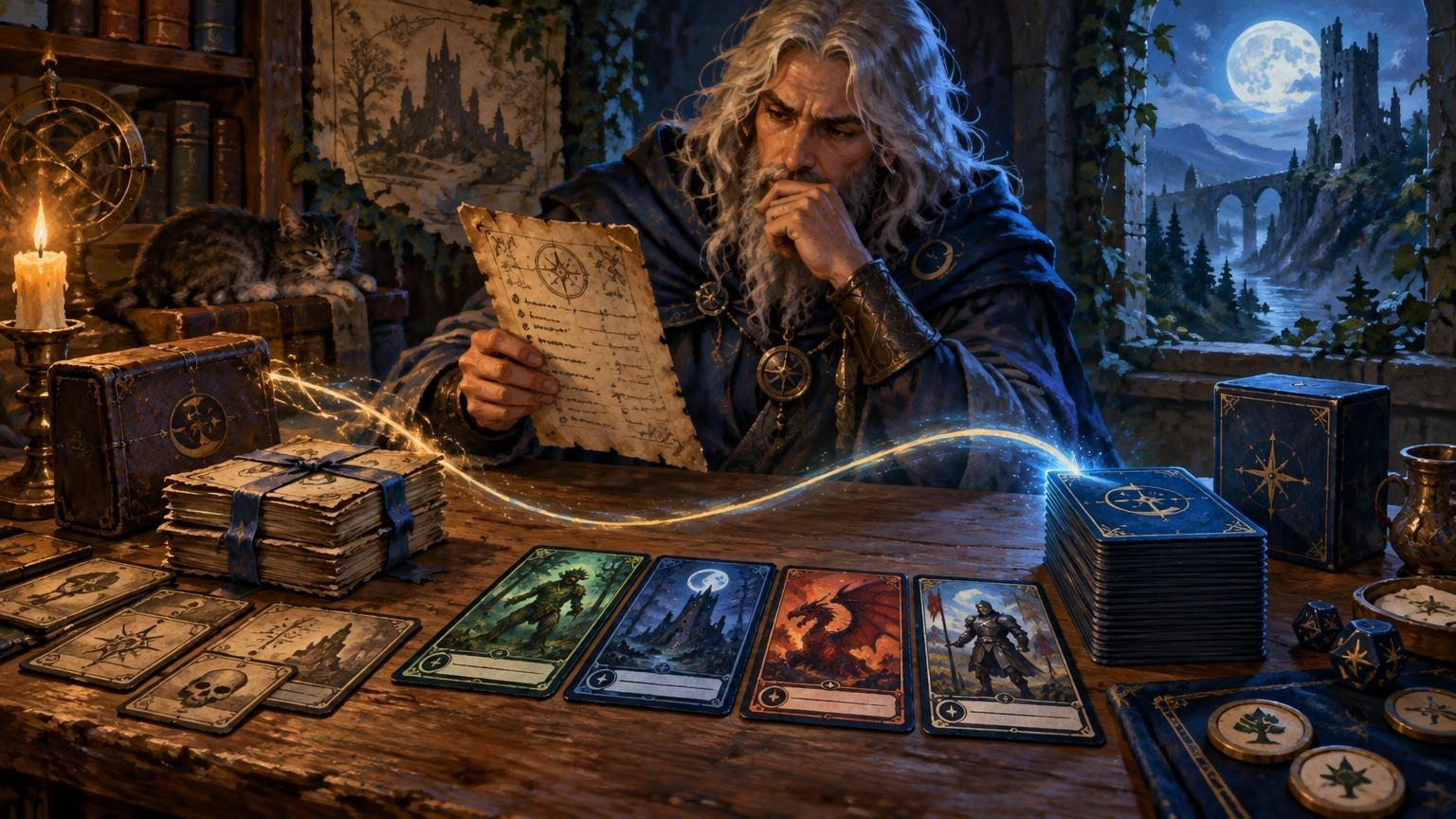 Painterly fantasy scene of a white-haired wizard studying a parchment at a wooden table covered with illustrated game cards, a large deck stack, dice, token-like coins, and blue deck boxes; a cat rests beside candlelit books, with a moonlit ruined castle visible through an ivy-framed window.
