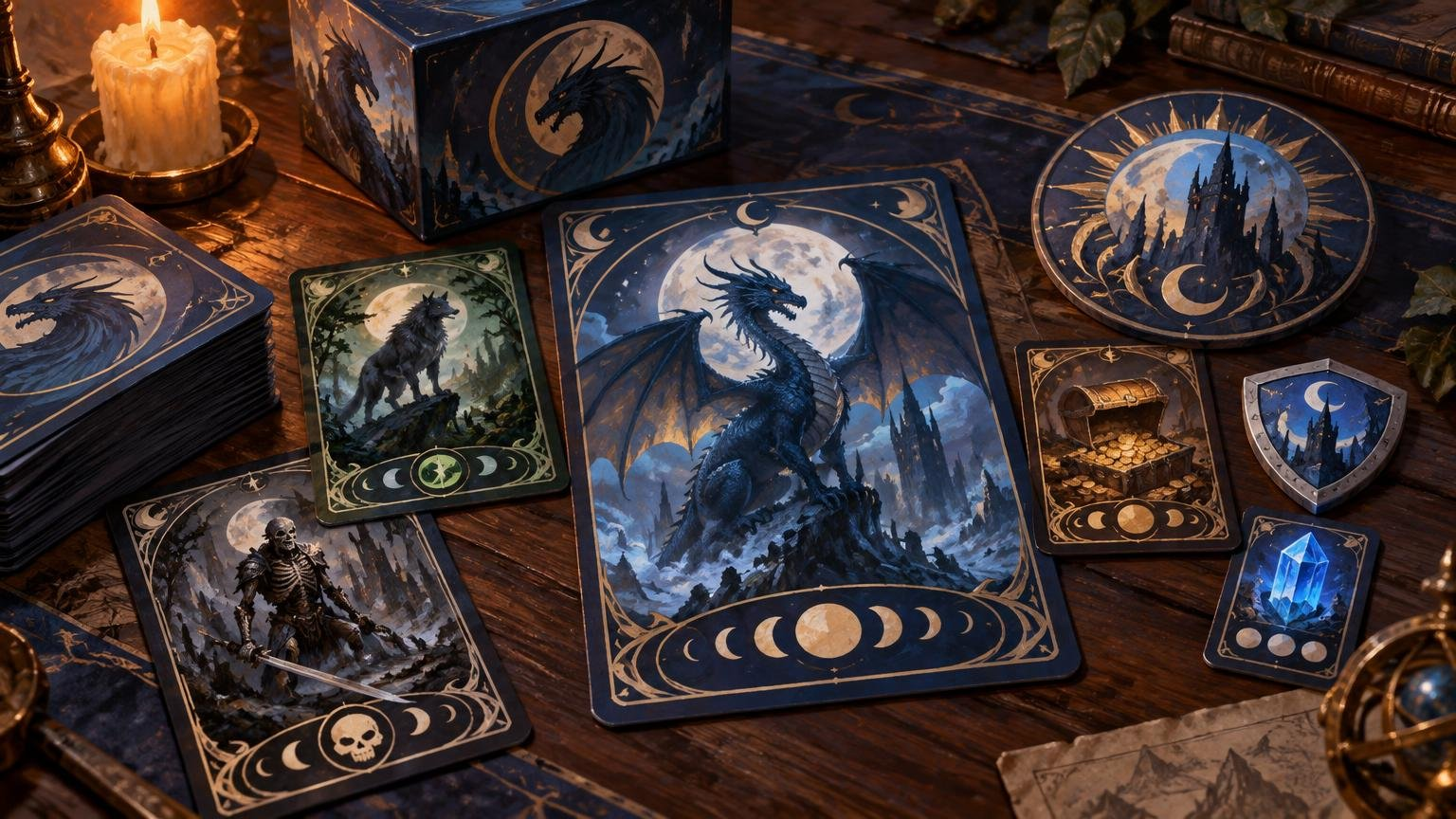 Fantasy tabletop spread with a large moonlit dragon card, matching deck stack and dragon deck box, illustrated token-like cards, a castle emblem, a shield marker, and a glowing crystal marker beside a candle.