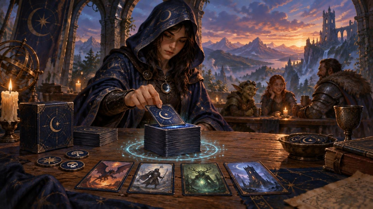 Painterly fantasy scene of a hooded player placing a card on a large deck stack at a candlelit wooden table, with illustrated cards, tokens, a deck box, and companions before ruined mountain towers at sunset.